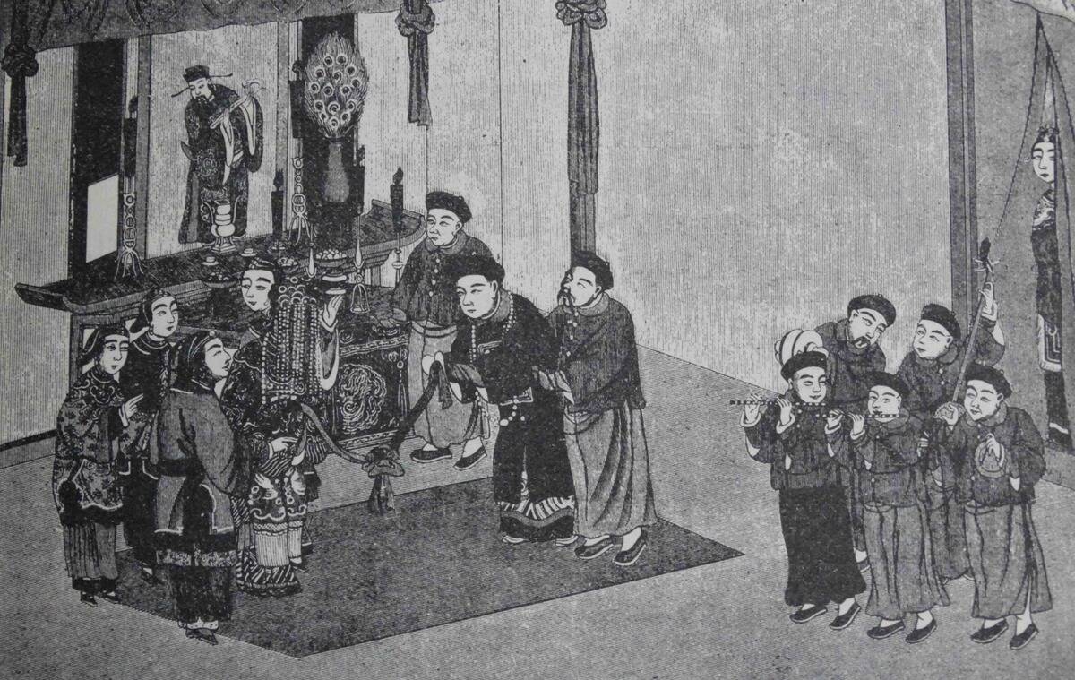 Tieing of a ribbon at a seventeenth century Chinese wedding.