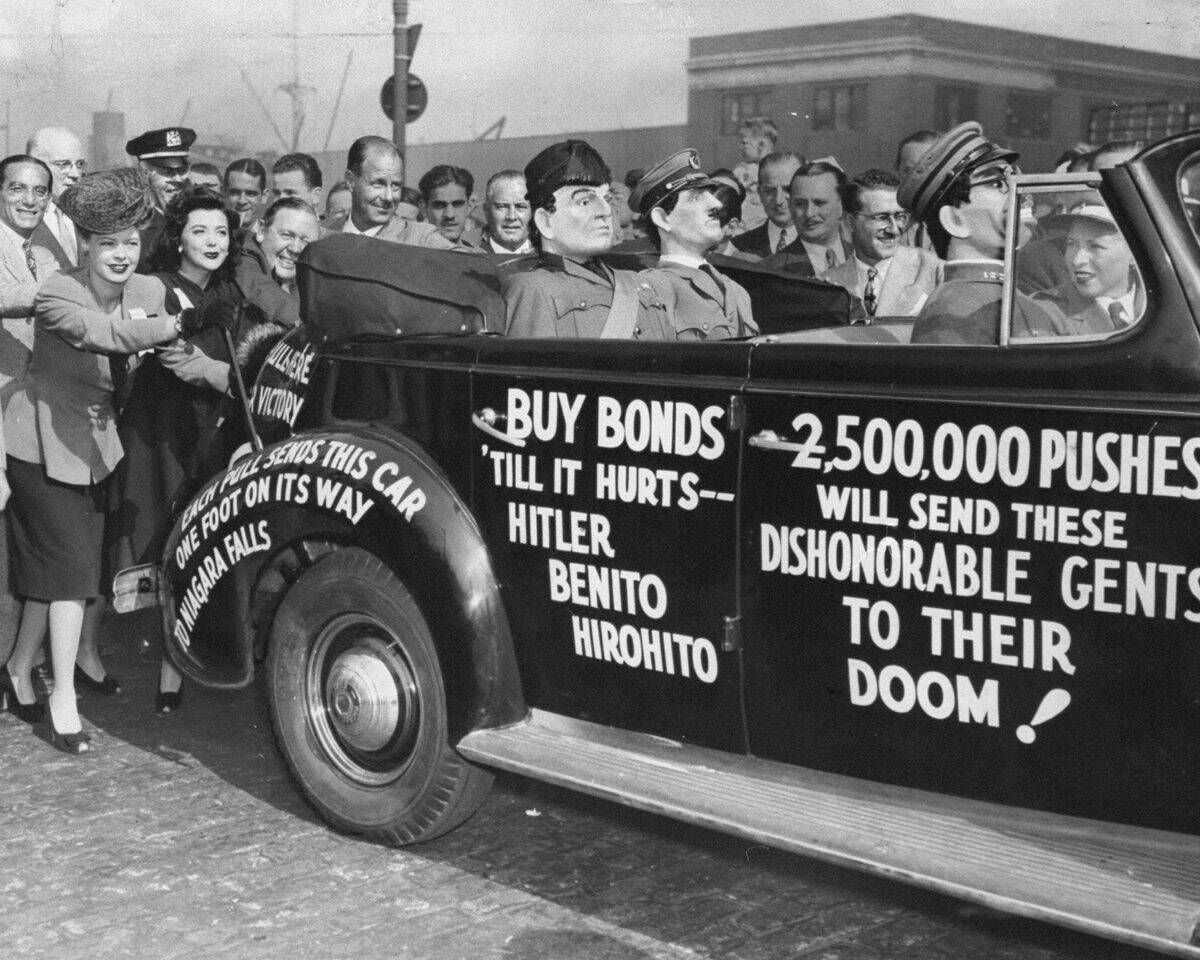 War bond and stamp buyers give the big push to Hitler, Musso