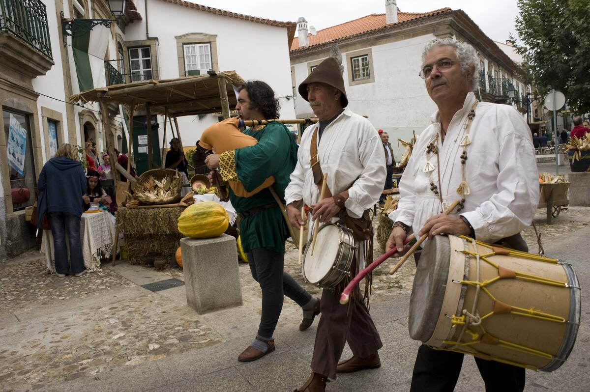 A troupe of wandering minstrels playing traditional musical...
