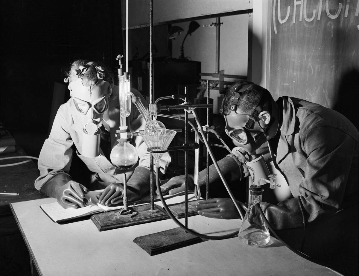 Chemists Wear Gas Masks While Purifying Mustard Gas