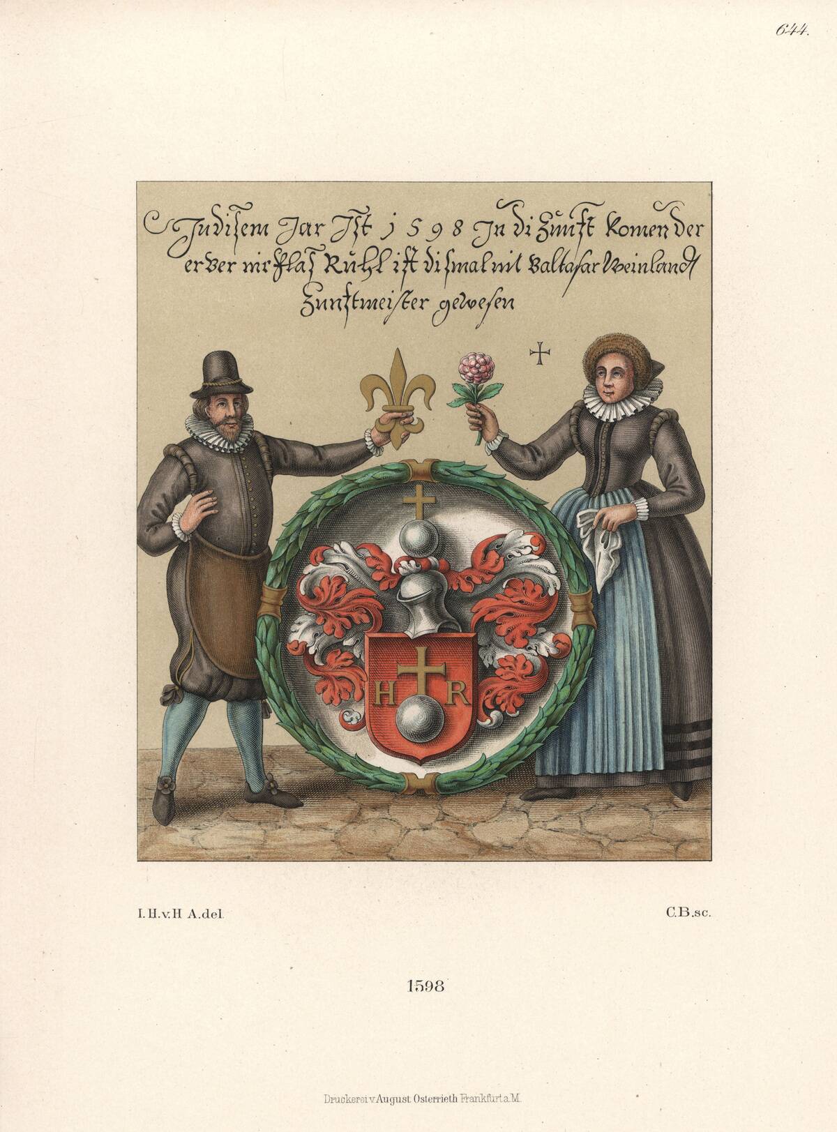City ironsmith Niklas Ruhl and his wife standing beside his coat of arms