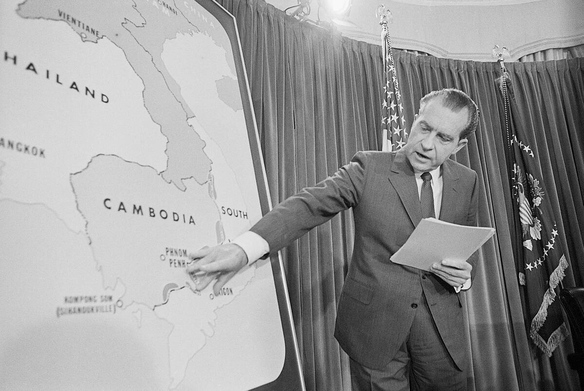 President Nixon Pointing to Map of Cambodia