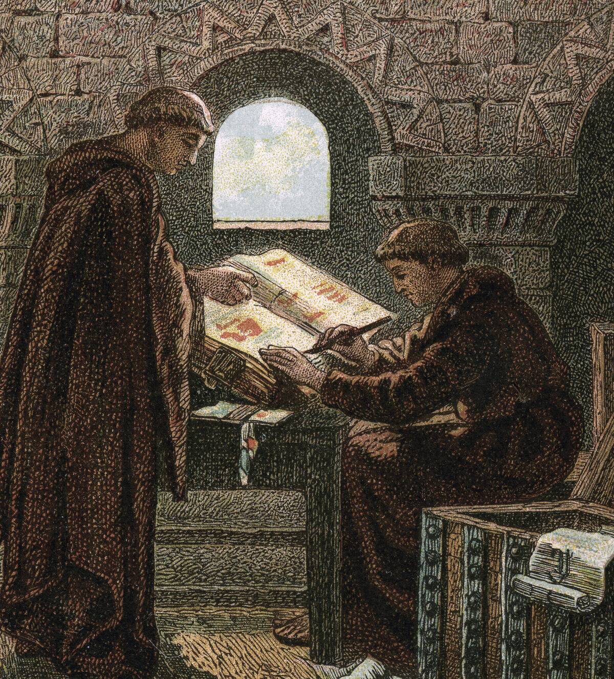 Representation of copyist monks writing the manuscript of the Domesday book