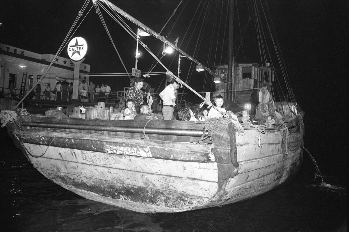 The skipper of this fishing junk died when it was machine-gunned in the Gulf of Tonkin by a vessel with a Vietnamese flag. The junk returned to Hong Kong following the incident. 31MAY77