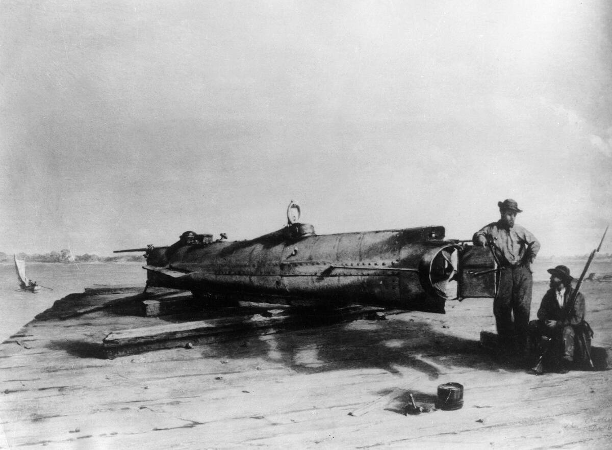 USA-Sezessionskrieg - Das U-Boot der Marine der Südstaaten, die 'L.H.Hunley'; Gemälde von Conrad Wise Chapman