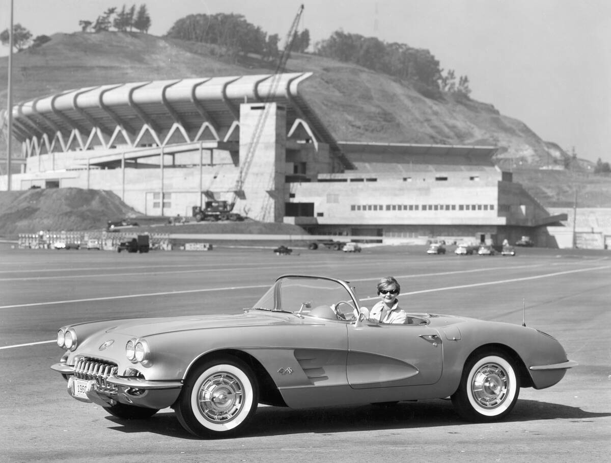 Woman in Corvette by Candlestick Park