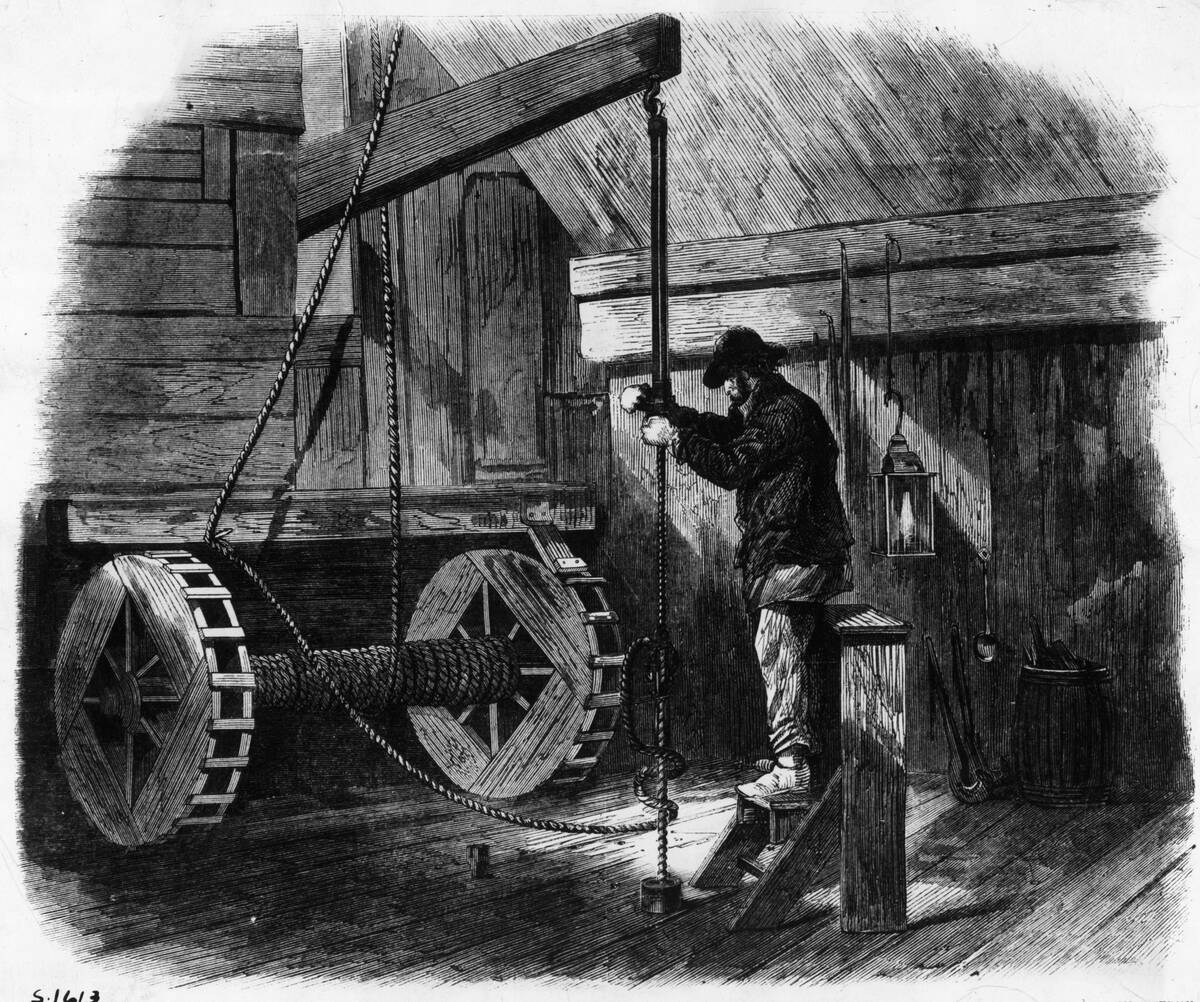 Woodcut; Man Bores For Oil In Farmhouse