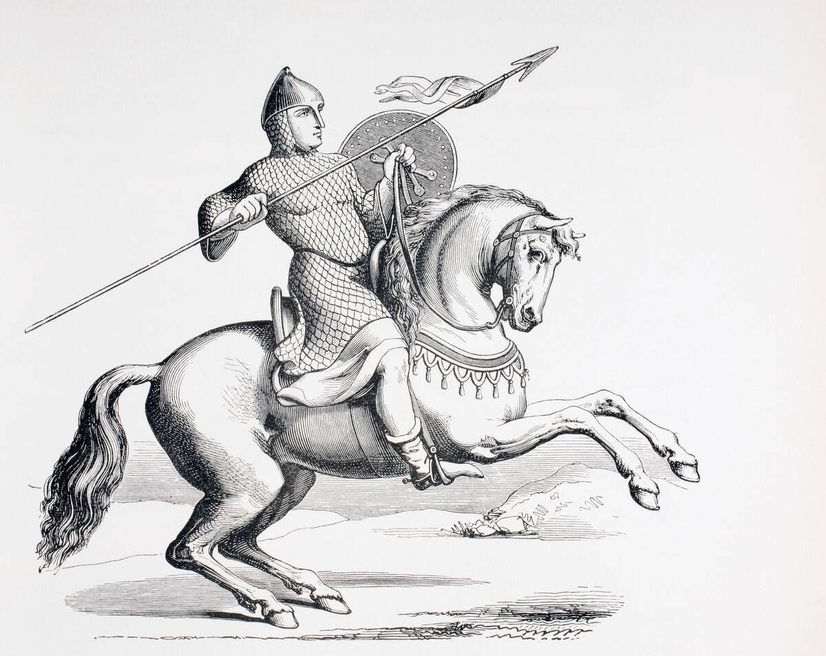 A Norman Knight Dressed In Chain Mail And Helmet Carrying Spear And Shield