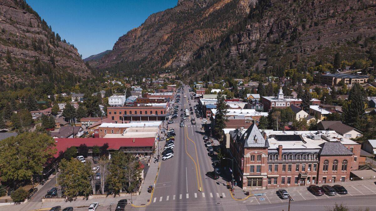 Aerial view off Highway 550 looking down on Main Street, Ouray, Colorado