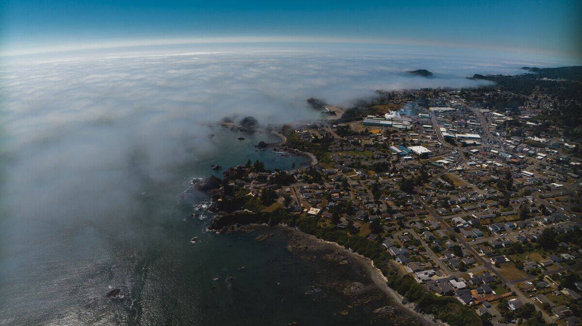 Aerial view on Pacific Ocean of smalltown of Brookings, Oregon