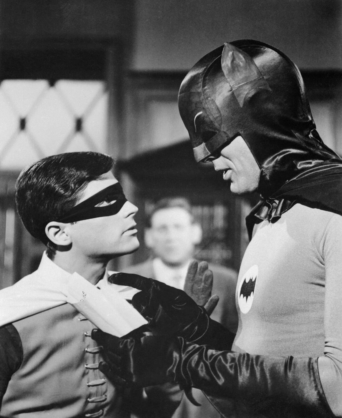 Burt Ward and Adam West Talking Together in Batman Costumes