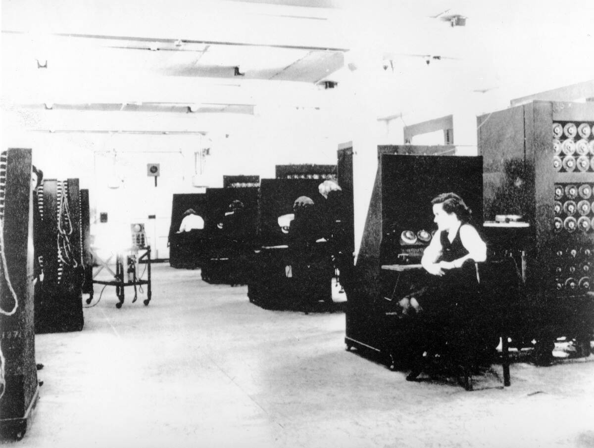 Code-breaking on Bombe machines, c 1943.