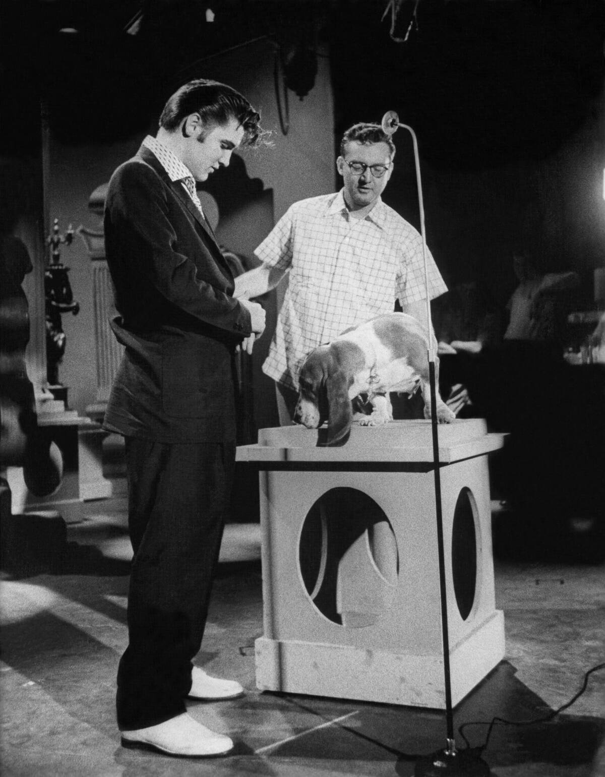 Elvis Presley with Steve Allen and a Hound Dog on the Tonight Show