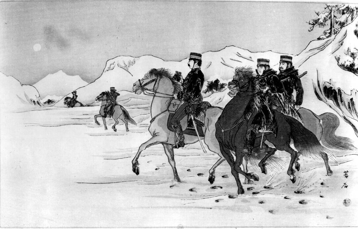 Japanese soldiers on reconnaissance, February 2, 1895, Russo-Japanese War, Private collection.