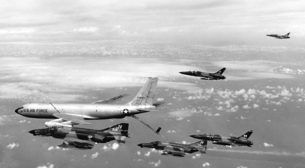 Operation Linebacker - A USAF surface-to-air missile hunter-killer team refueling on its way to North Vietnam, October 1972.