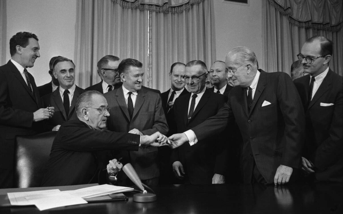 President Johnson Hands A Pen To Mayor Raymond Tucker After He Signed The Clean Air Act Into Law