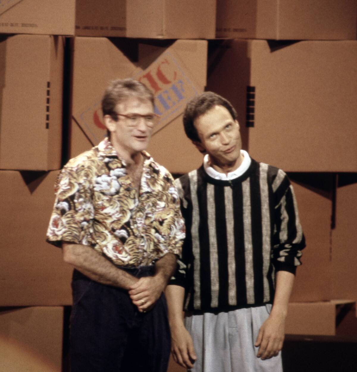 Robin Williams and Billy Crystal perform during Comic Relief Fundraising Concert 1986