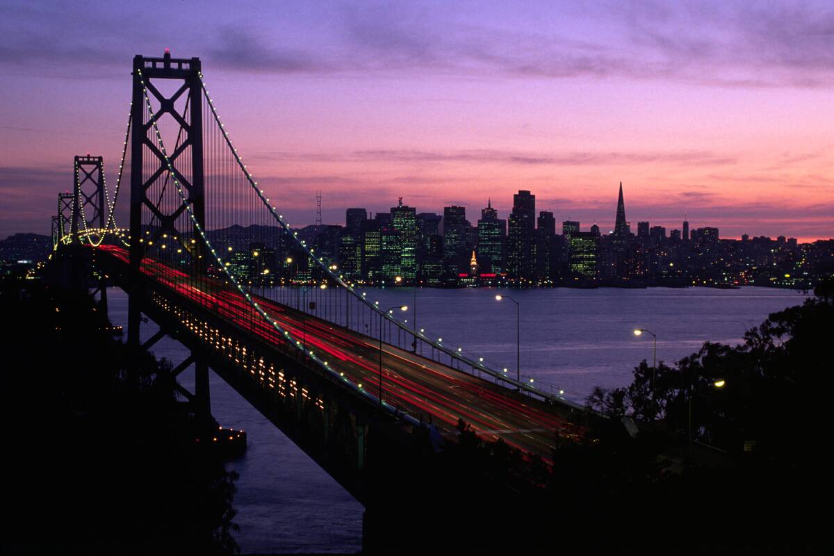 Skyline At Night With Bay Bridge