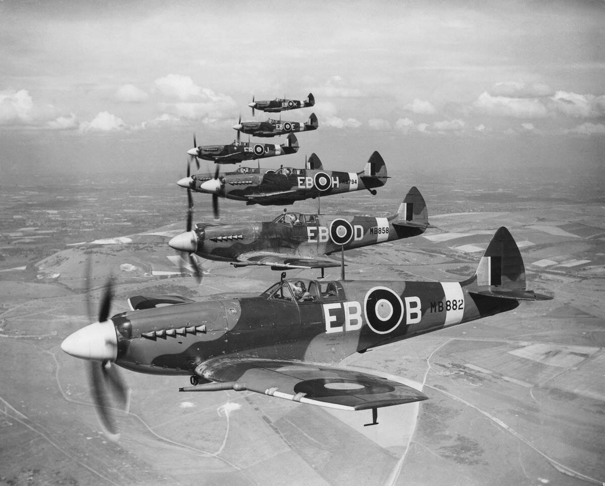 Spitfires in flight, c 1940s
