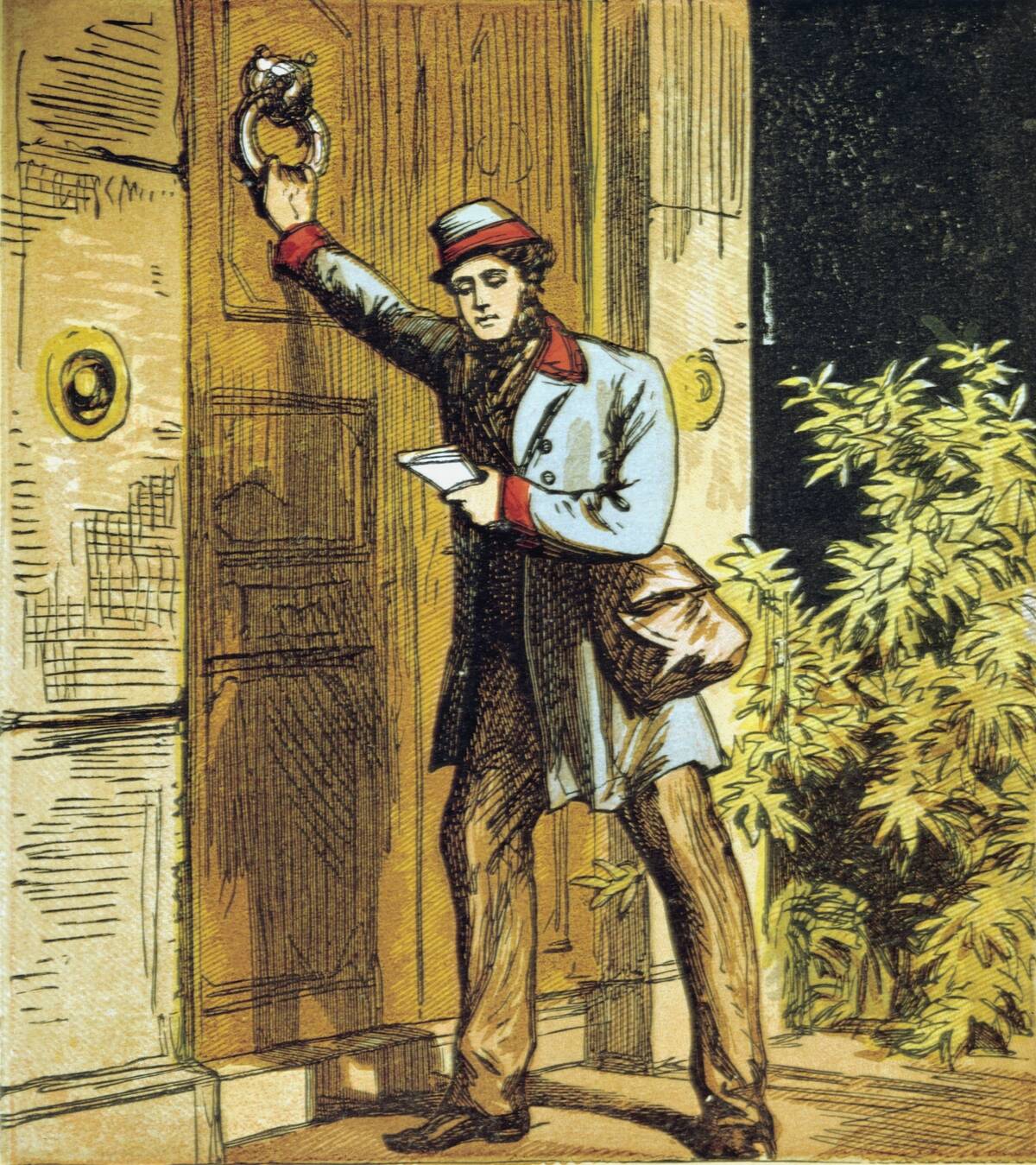 The Postman's Knock. Postman in Royal Mail uniform using door knocker. Chromolithograph from children's book published 1867.