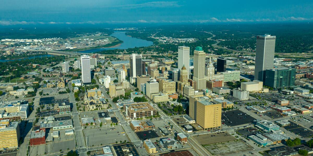 Tulsa Skyline, Oklahoma with Arkansas River in distance as seen from aerial view with drone