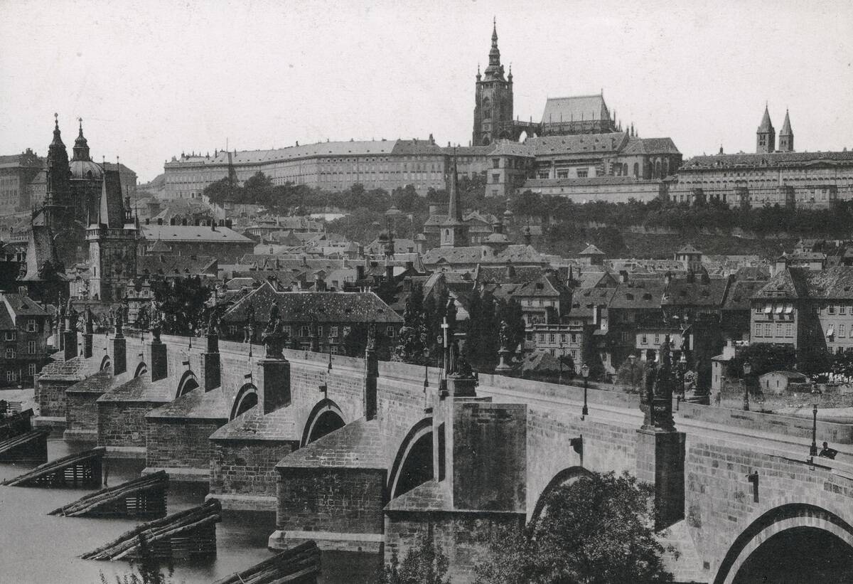 View over the Charles Bridge to the Hradany (Prague Castle). Prague. Czech Republik. Photograph by Carl Bellmann. Around 1880.