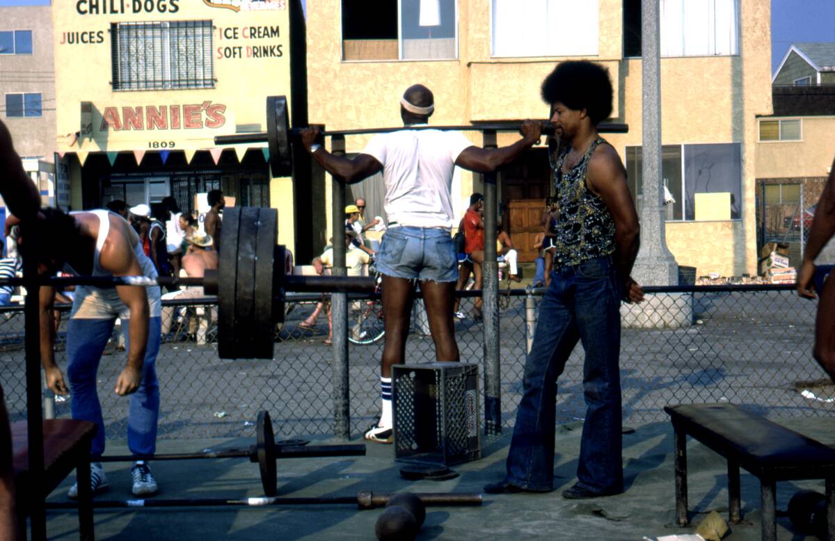 Weightlifters in Muscle Beach in Venice, California in 1979