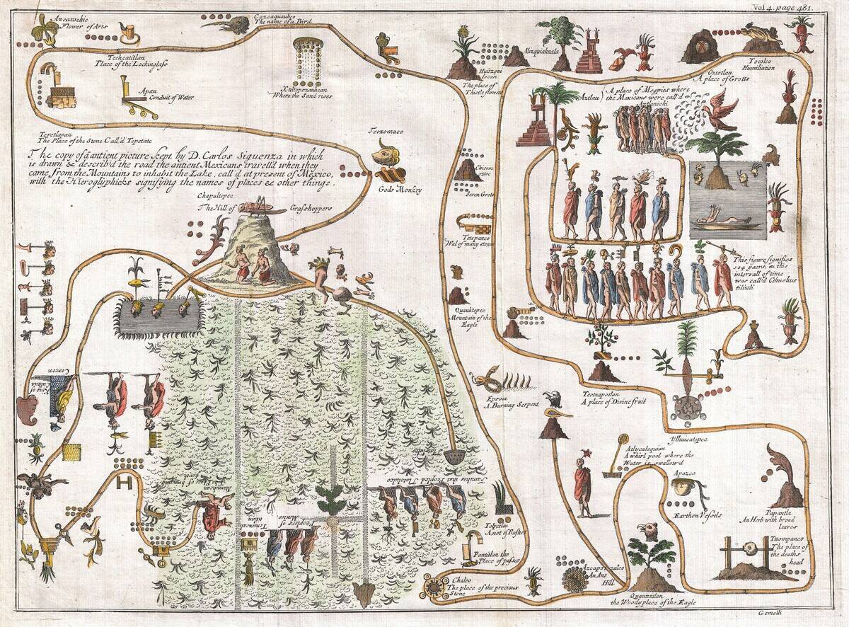 1704, Gemelli Map of the Aztec Migration from Aztlan to Chapultapec