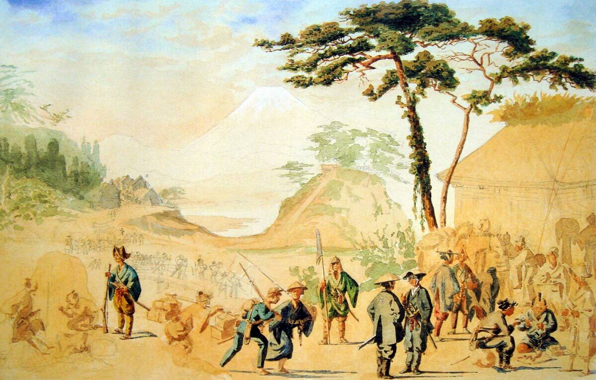 Bakufu Troops near Mount Fuji in 1867'. Painting by Jules Brunet, 1867.