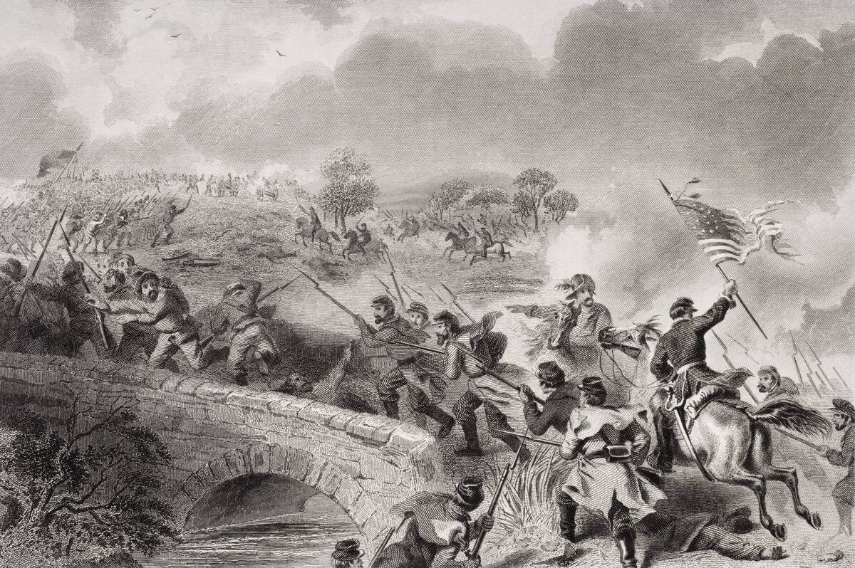Battle of Antietam near Sharpsburg Maryland 1862. Taking of the Bridge on Antietam Creek. Artist F.O.C. Darley...