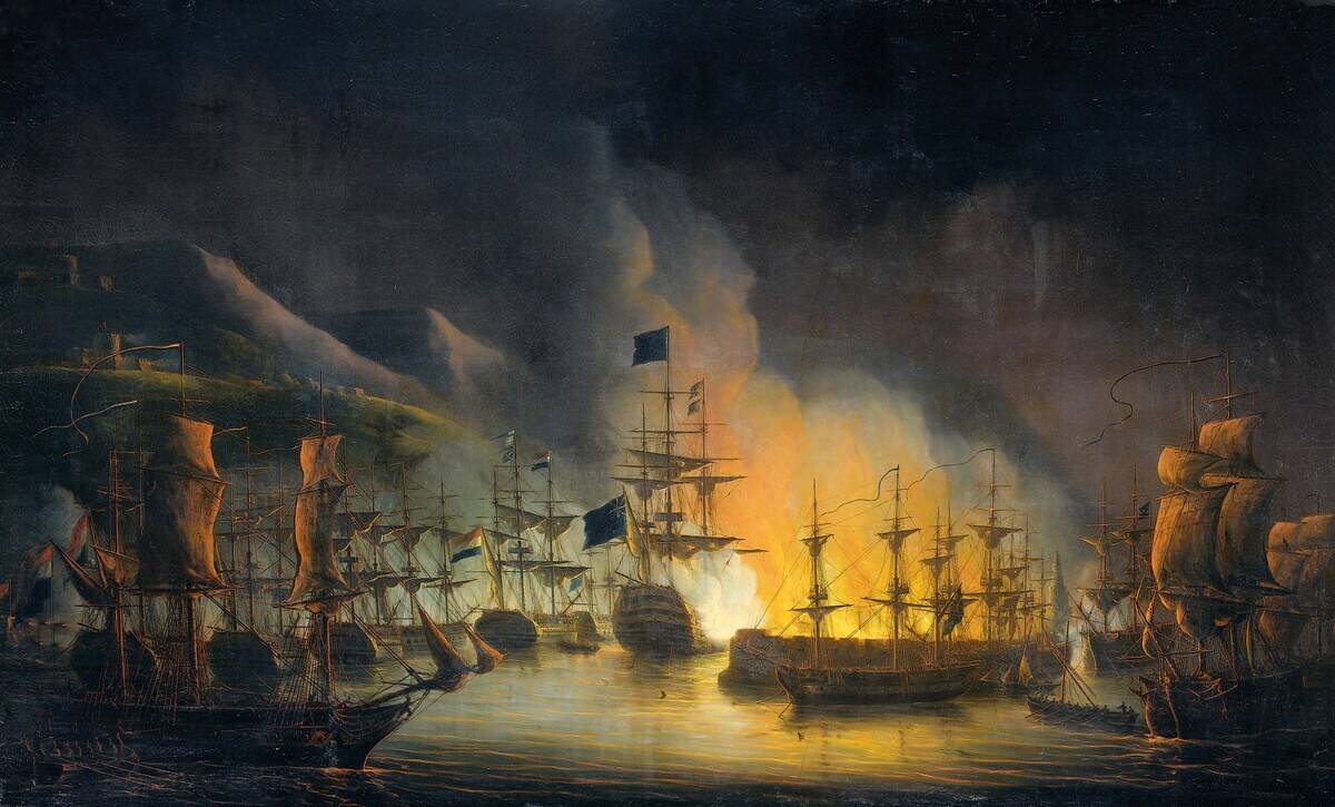 Bombardment of Algiers by the Anglo-Dutch fleet. Oil on canvas painting by Martinus Schouman, 1823.