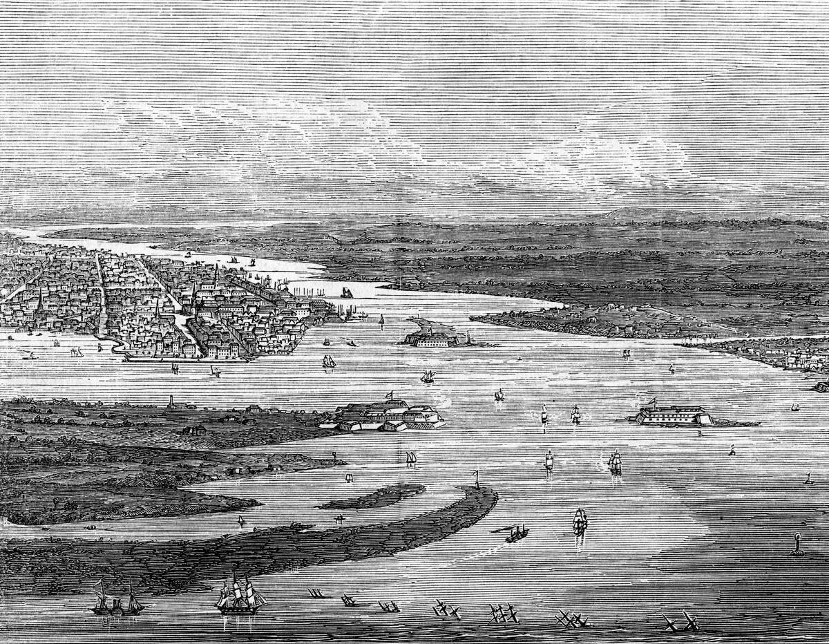 Charleston harbour, South Carolina, with sunken ships.