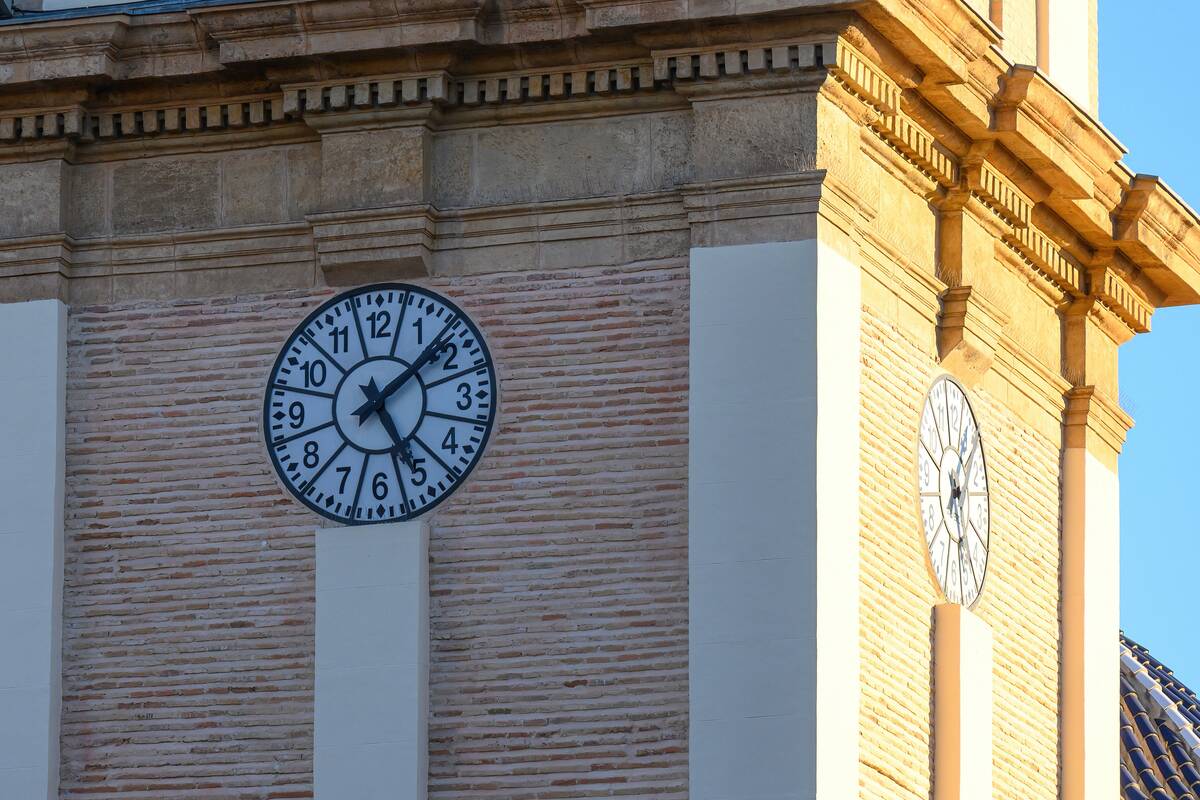 Clock in the tower or steeple of the Church of Our Lady of...