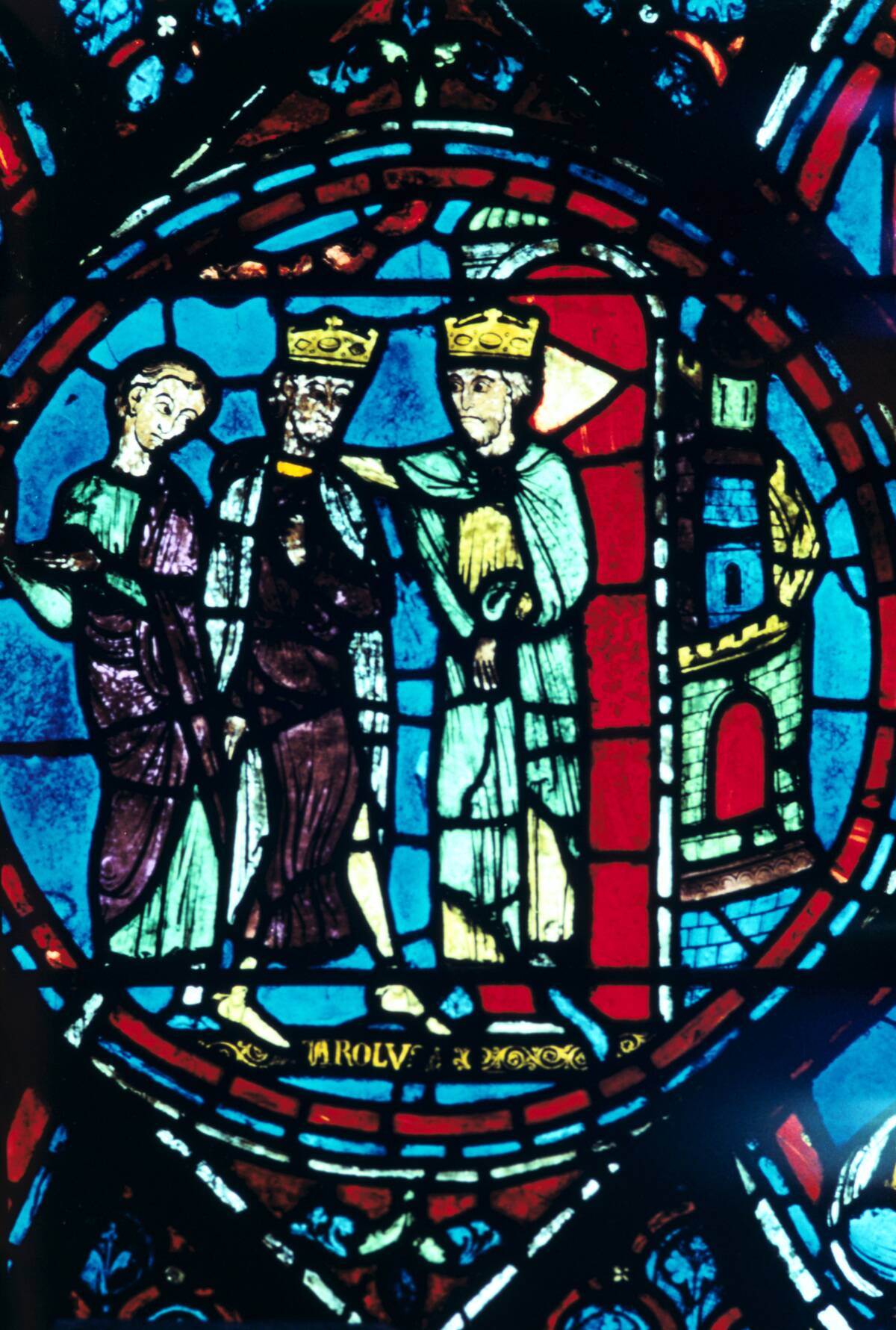 Constantine greets Charlemagne at Constantinople, stained glass, Chartres Cathedral, France, c1225.