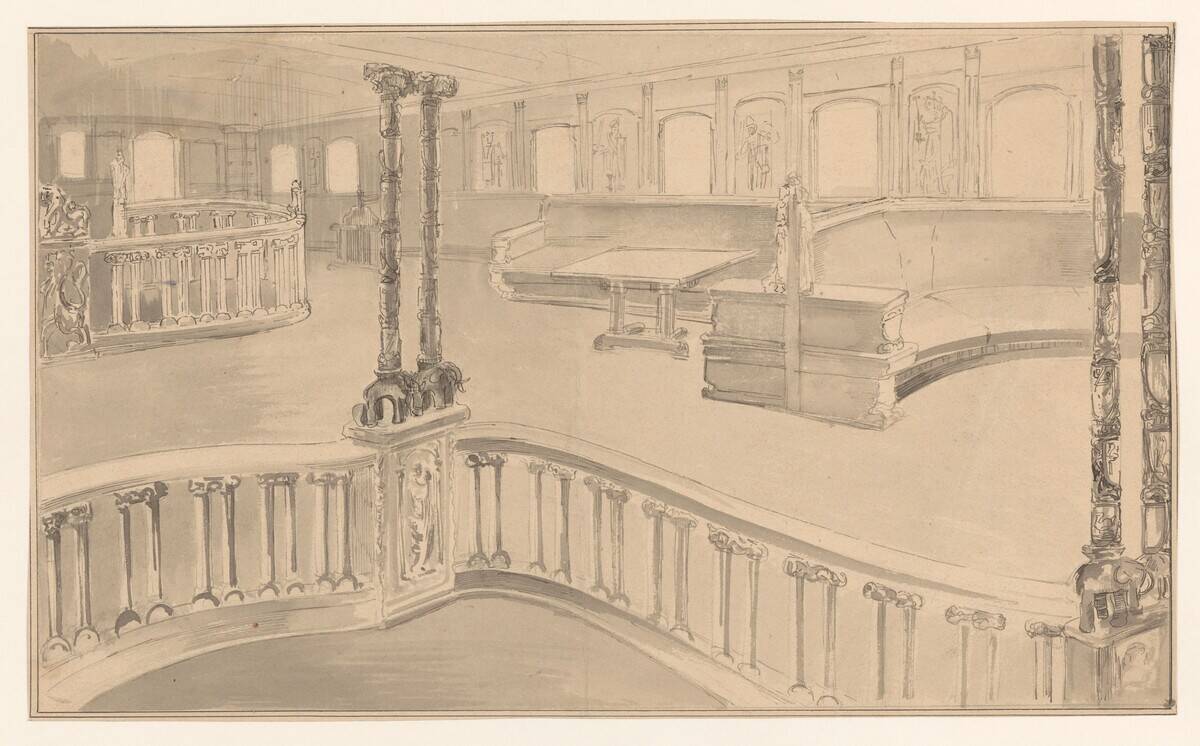 Design for the interior of a deck saloon with open balustrade