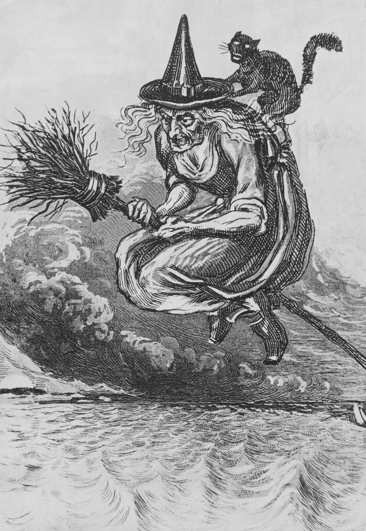 Engraving of a Witch Flying on a Broomstick