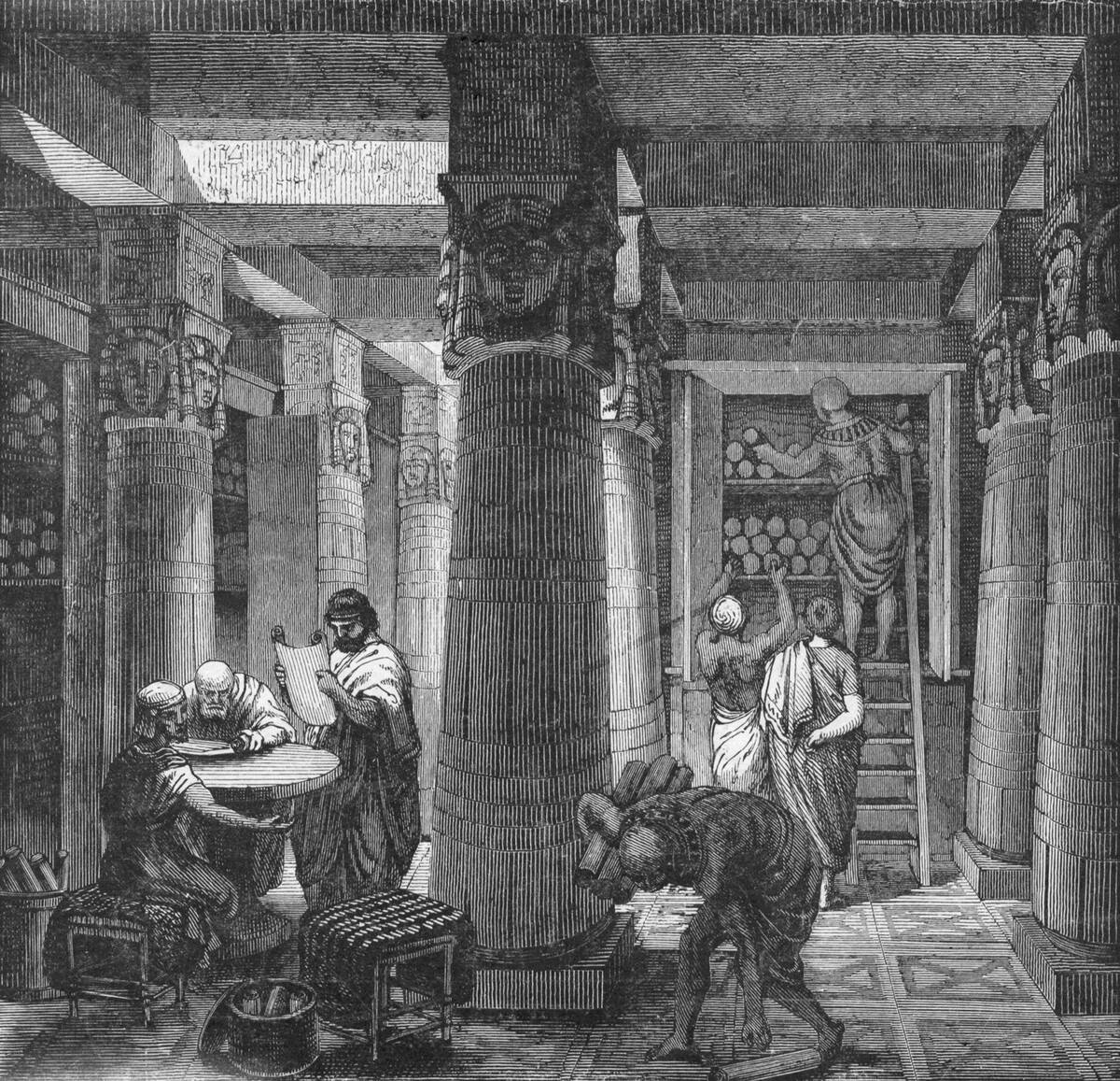 Illustration of Scholars in Library of Alexandria