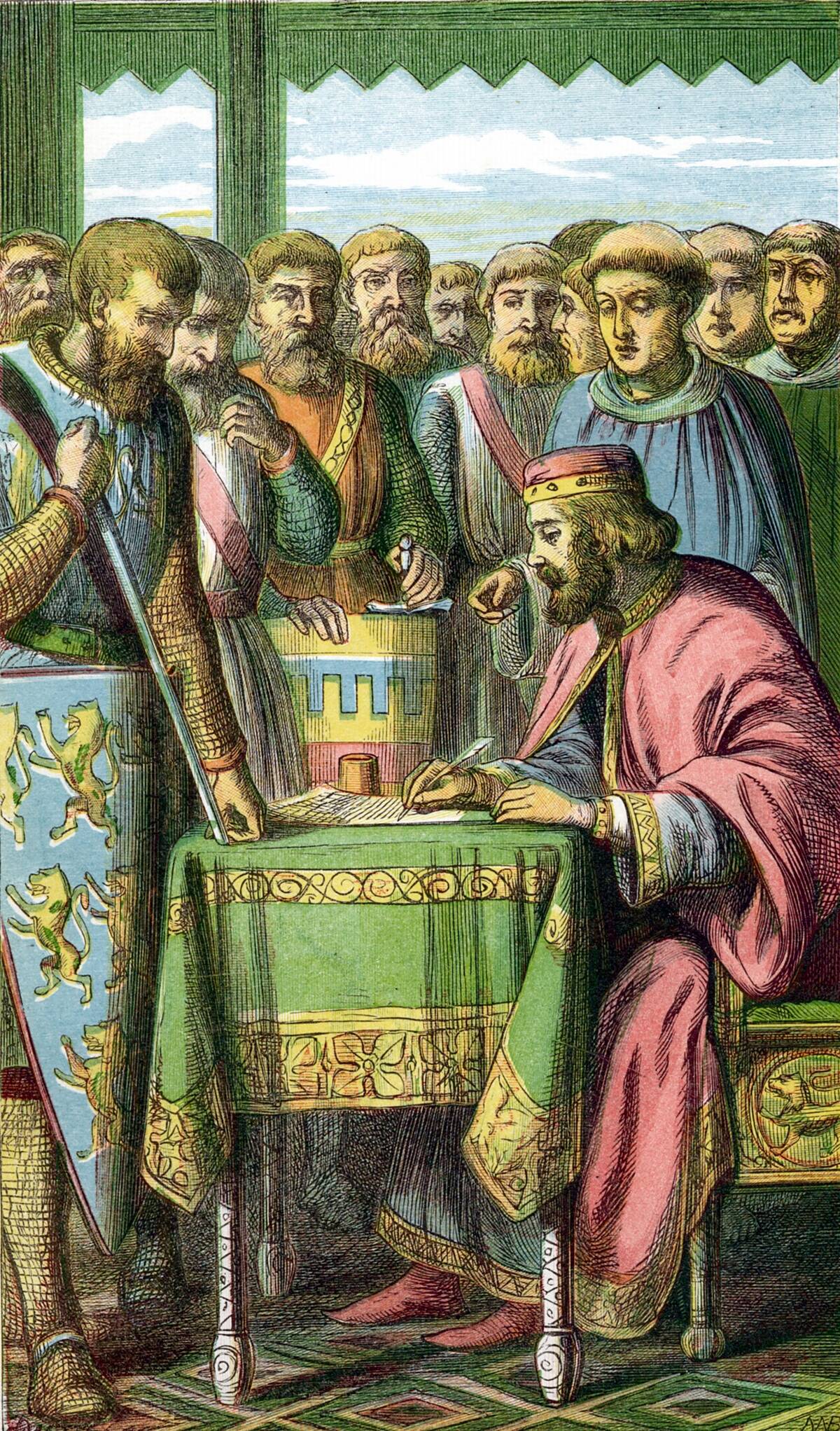 John (1167-1216) King of England from 1199. John signing Magna Carta at Runnymede 15 June 1215 while the barons look on. Chromolithograph c1860 ...