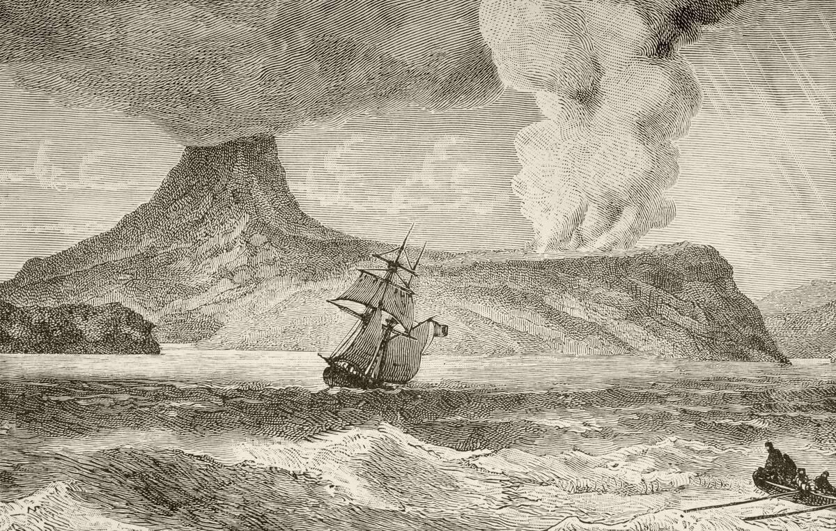 Krakatoa island erupting in August 1883. From the book Chips From The Earth's Crust published 1894.