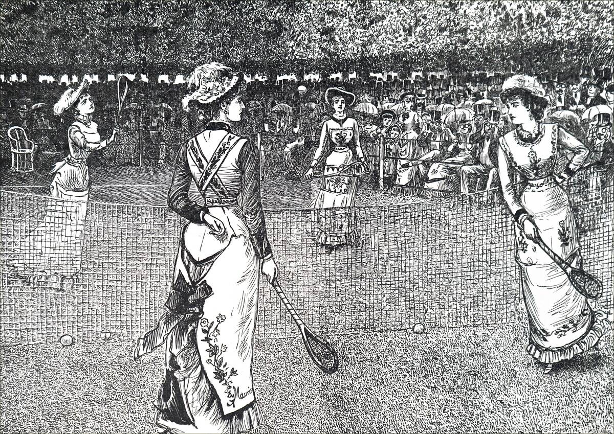 Ladies playing lawn tennis.