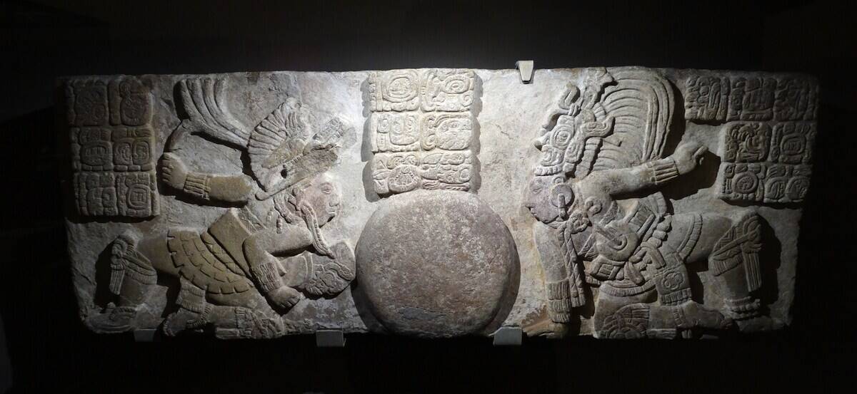 Maya ballplayer panel from the archaeological site of Tonina in Chiapas, Mexico.