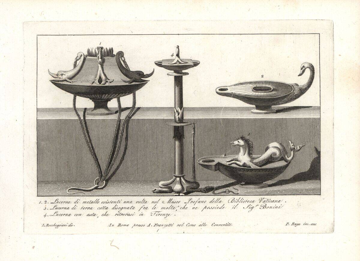Metal oil lamps with dolphins and swan from the Profane Museum