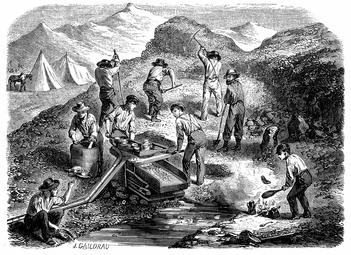 Miners washing for gold using a cradle in the: Californian gold fields. Wood engraving published Paris, 1849, the year of the Californian Gold Rush.
