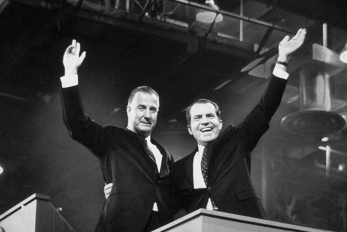 Nixon And Agnew Wave On Campaign, c. 1968.