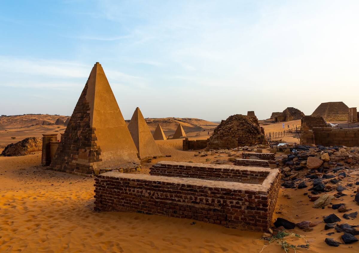 Pyramids of the kushite rulers at Meroe, Northern State, Meroe, Sudan...