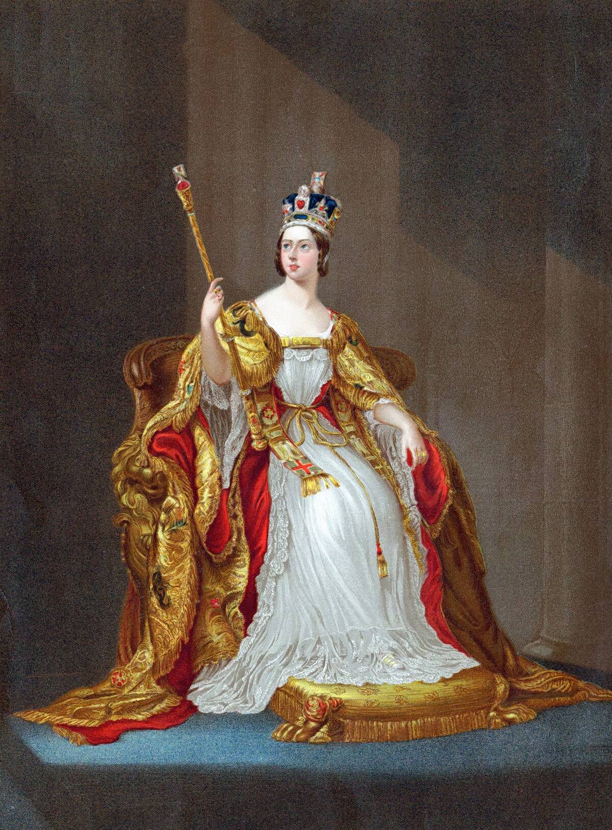 Queen Victoria (1819-1901) queen of United Kingdom 1837, Empress of India 1876, crowned 1838. Victoria on throne in coronation robes wearing crown and holding sceptre. Oleograph...