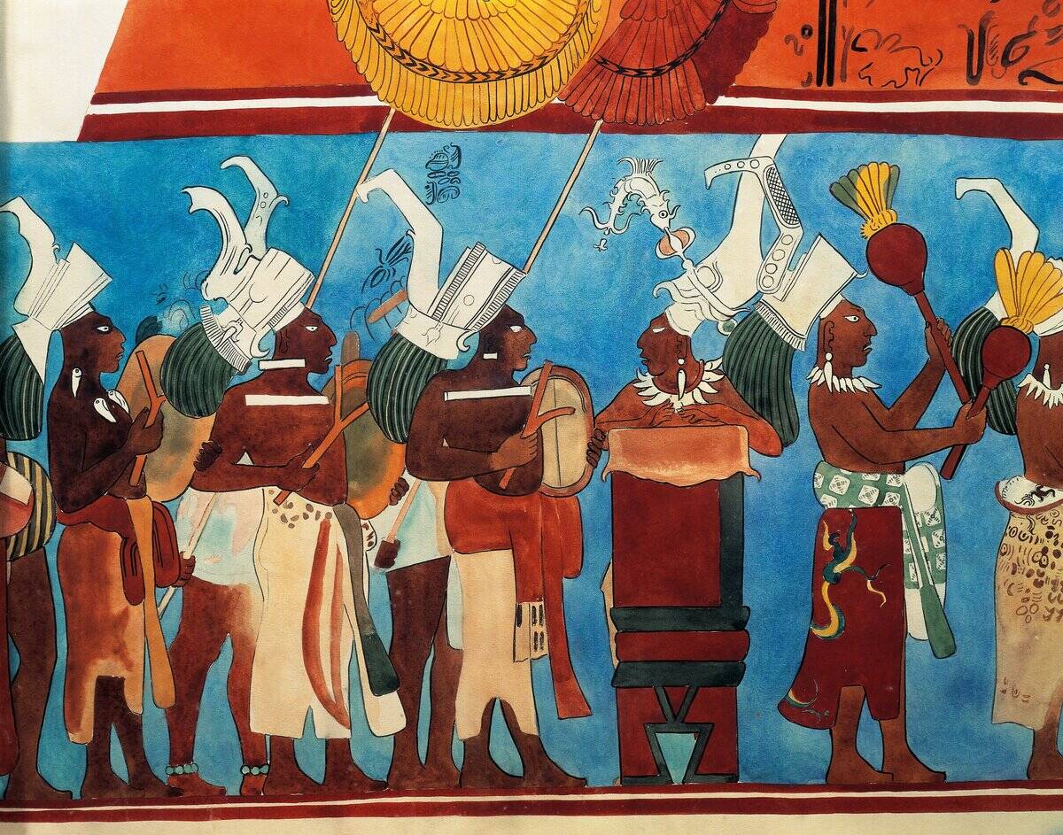 Reconstruction of Bonampak frescoes from 9th Century, detail representing procession of musicians