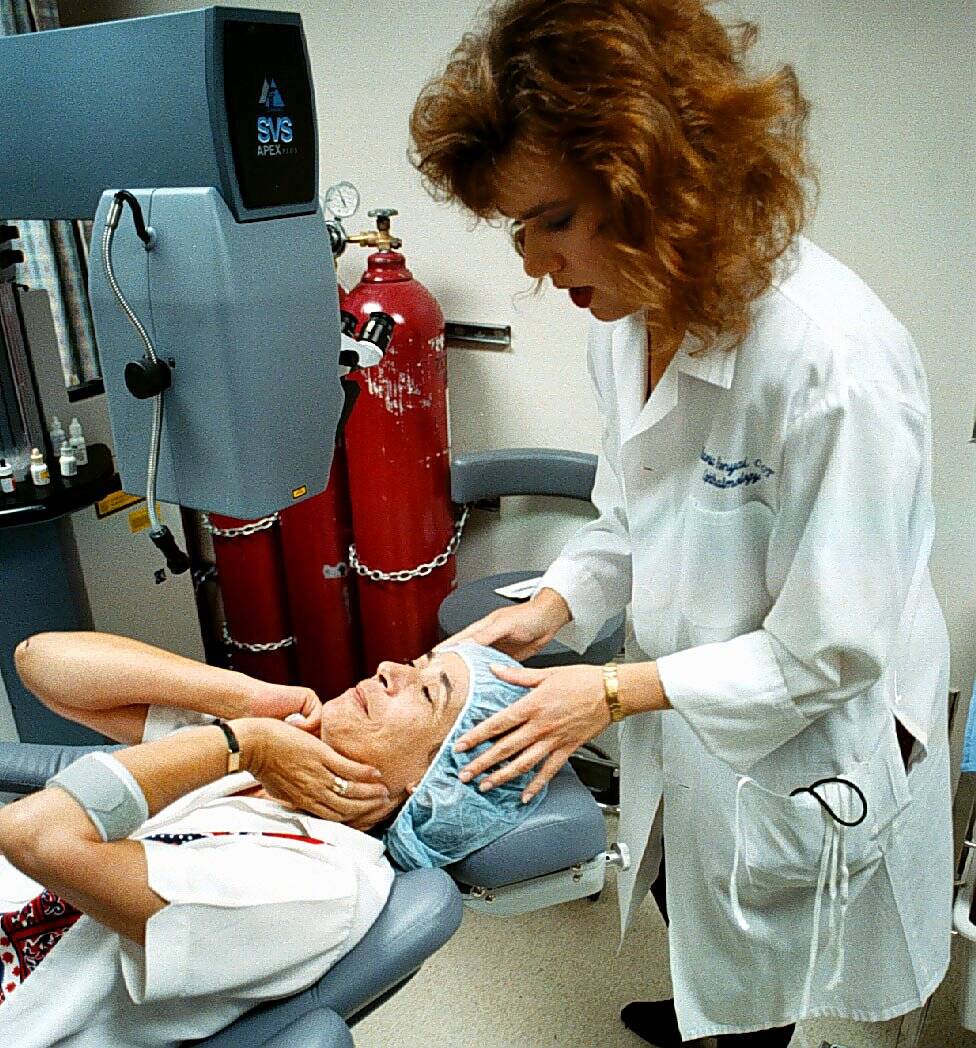 Stanford, CA June 10 1997: Victoria Ronyai, a certified ophthalmic technician, prepares Carol Kellogg of American Canyon for an experimental laser eye surgery which corrects farsighted vision.