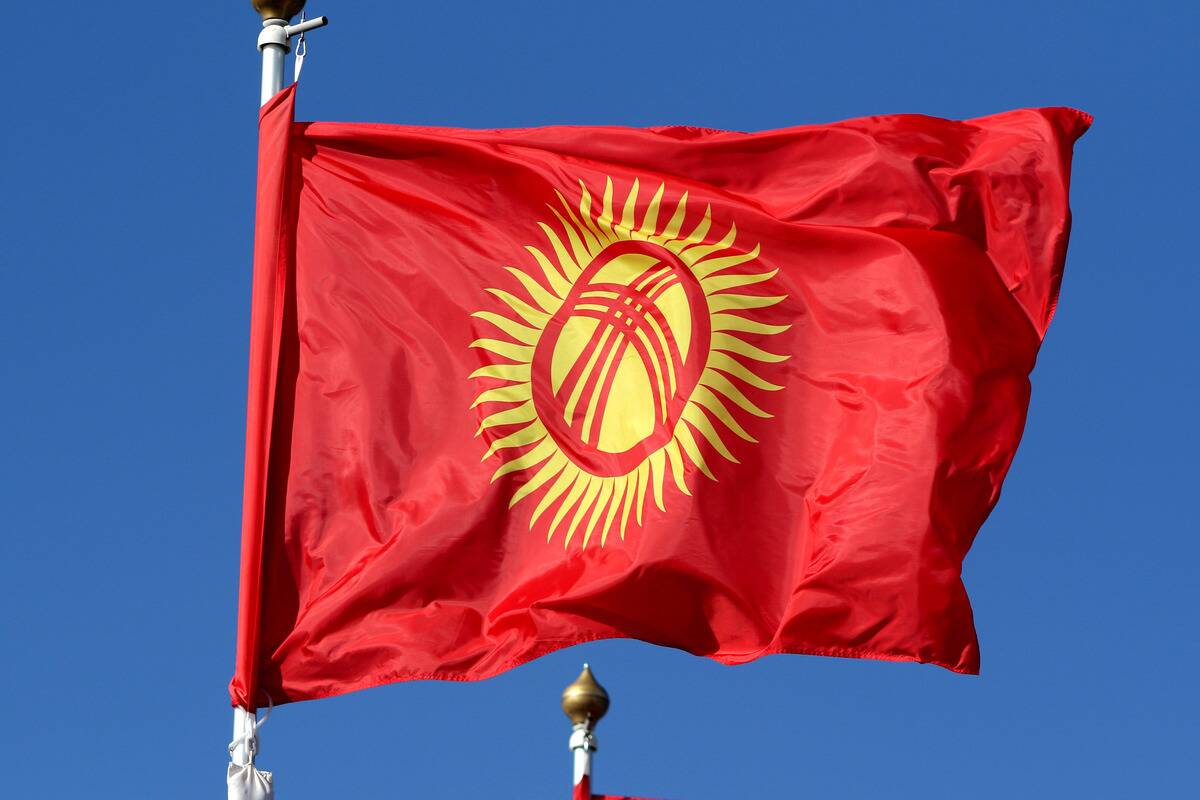 The flag of the Kyrgyz Republic (Kyrgyzstan) seen in the...