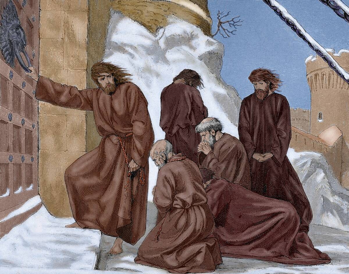 The Holy Roman Emperor Henry IV at the entrance of the castle of Canossa.